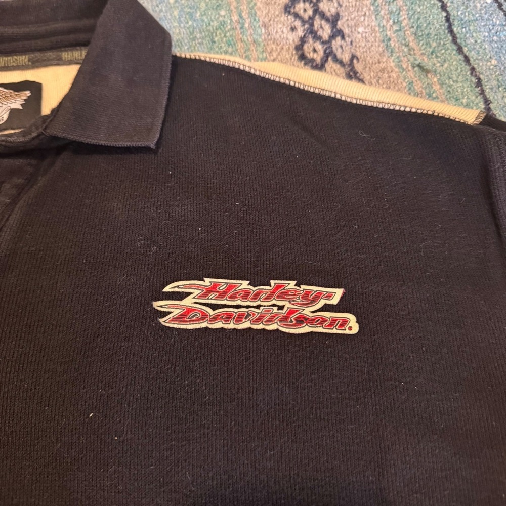 Harley-Davidson Mens Long Sleeve Polo Rugby Shirt Black Cream Racing Stripe - Picture 3 of 10